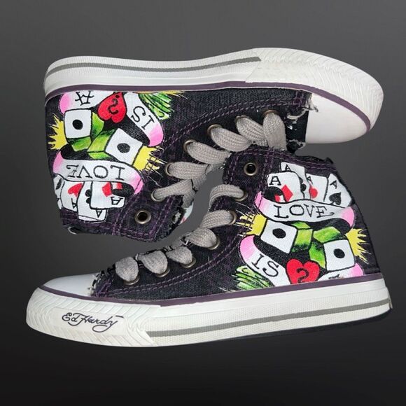 Rare Kids Black Ed Hardy “Love Is” Skull Aces Canvas High Top Sneakers Size 1 - Picture 11 of 12